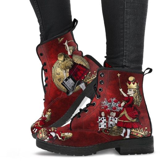 Alice in Wonderland Gothic Red and Gold Combat Boots