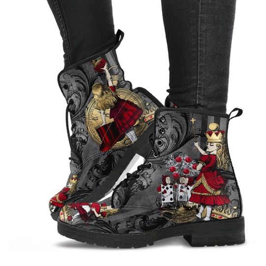 Alice in Wonderland Gothic Red and Gold Black Lace Up Combat Boots