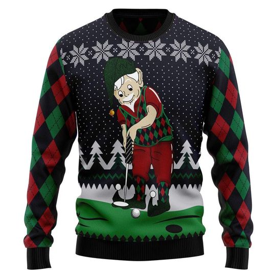 Funny Golf Christmas Sweater, Elf Golfer Ugly Christmas Sweater, Holiday Gift for Golf Lovers, Festive Argyle Pullover Christmas Gift