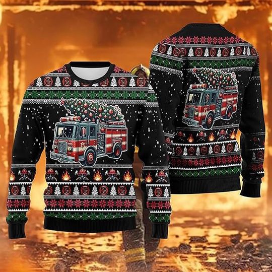 Firefighter Ugly Christmas Sweater, Fire Truck Holiday Jumper, 2025 Ugly Xmas Sweater, Holiday Gift Sweater for Firefighter