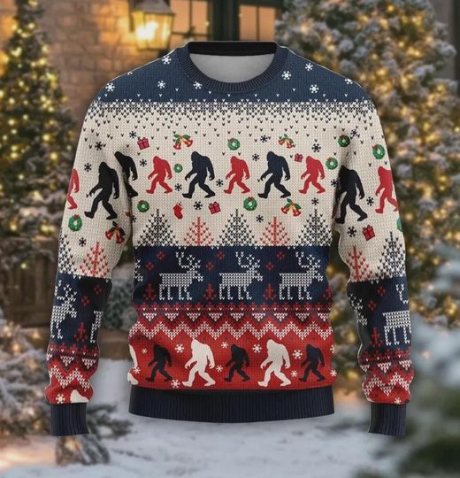 Discover Bigfoot Ugly Christmas Sweater, Funny Sasquatch Holiday Shirt