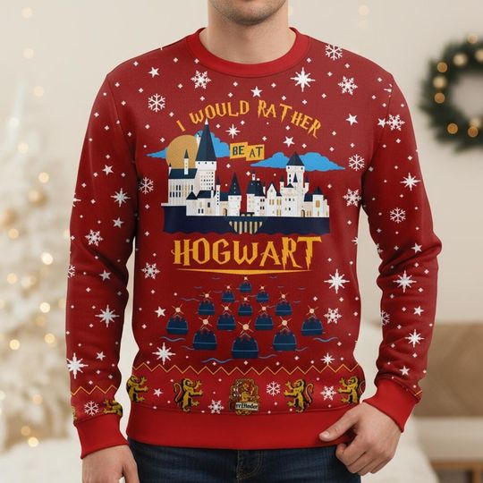 Discover Wizard House Ugly Christmas Sweater, Magical Lion Xmas Sweater, Fantasy School Ugly Sweater, Red Festive Sweater, Christmas Gift