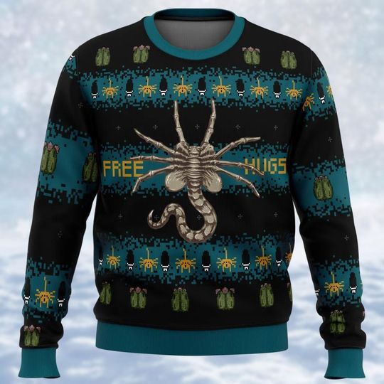 Christmas Alien Ugly Sweater, Facehugger Christmas Shirt, Chestburster Xmas Sweatshirt, Retro Horror Movie Merch, Xmas Gift For Fan