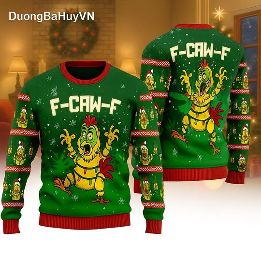 Discover F-Caw-F Chicken Ugly Christmas Sweater, Funny Rooster Holiday Jumper, Green Xmas Pullover, Humor Winter Gift