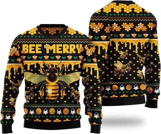 Discover Bee Merry Ugly Christmas Sweater, Bee Knitting Pattern Sweater, Bee Keeper Ugly Xmas Jumper, Holiday Gift for Bee Lover