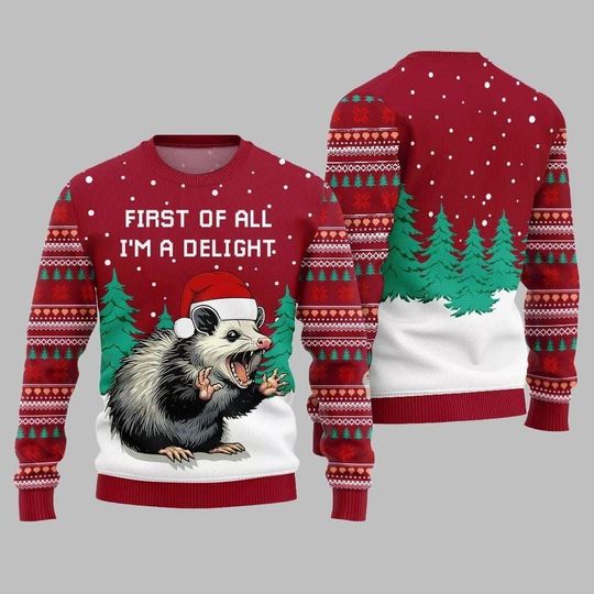 Discover Funny Raccoon Christmas Sweater, First Of All Im A Delight Christmas Ugly Sweater, Cute Animal Gift Jumper Happy Holiday Christmas Gift