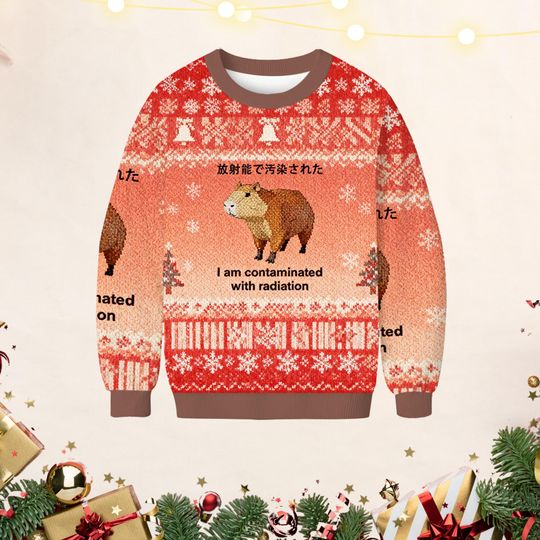 Discover Radiation Capybara Meme Sweater, Funny Contaminated Capybara Christmas Sweater, Humorous Ugly Holiday Sweater Gift