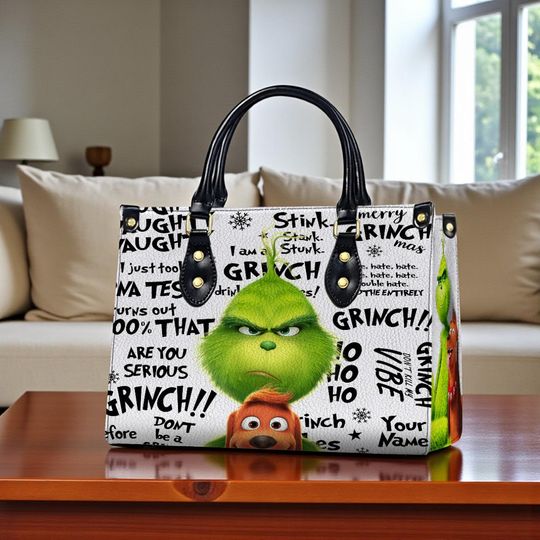 Discover Personalized Green Monster Leather Bag for Women, Custom Name Handbag, Green Leather Shopping Bag, Christmas Gift