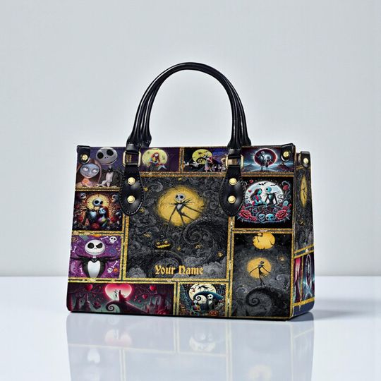 Custom Name The Nightmare Before Christmas Shoulder Bag with Jack Skellington and Sally, Christmas Gift, Top Handle Bag