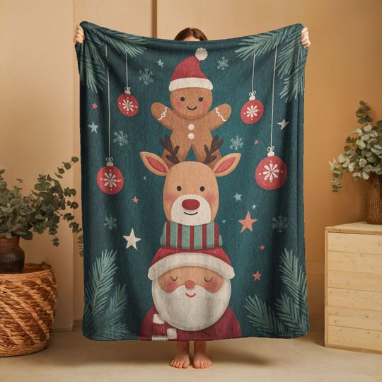 Discover Cute Christmas Friends Fleece Blanket, Santa, Reindeer, Gingerbread, Kids Holiday Throw, Family Christmas Eve Velveteen Blanket