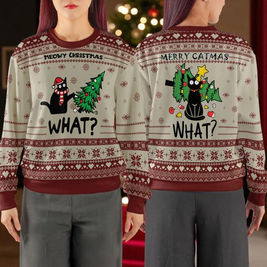 Discover Meowy Christmas Funny Cat Ugly Sweater, Merry Catmas Tree Destroyer Pullover, Cute Holiday Cat Lover Shirt Gift