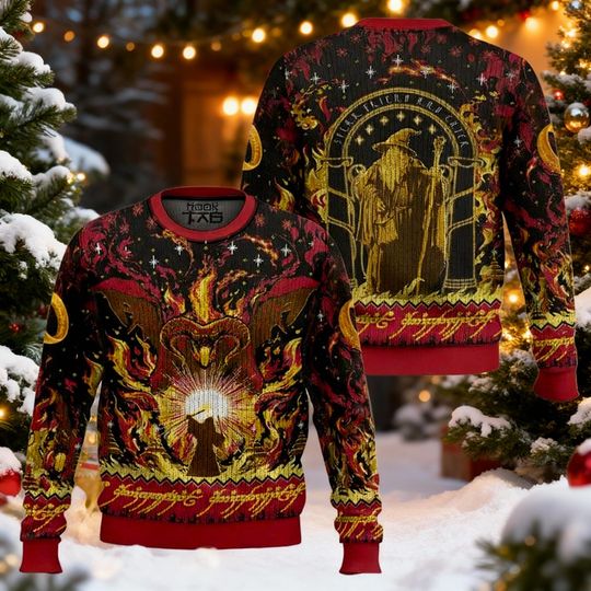 Discover Fantasy Wizard Lord Ugly Christmas Sweater | Fire Demon Balrog Ring Jumper | Magic Staff Nerd Christmas Gift | Epic Saga Holiday Pullover