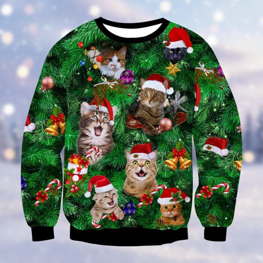 Cat Tree Ugly Christmas Sweater  Kittens in Santa Hats Climbing Tree  Funny Holiday Shirt  Hilarious Xmas Sweatshirt for Men
