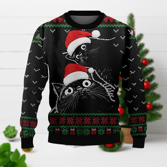 Cute Cat Christmas Sweater, Kawaii Black Cat Ugly Sweater, Funny Holiday Sweater For Cat Lover Men Women, Xmas Gift, Holiday Gift