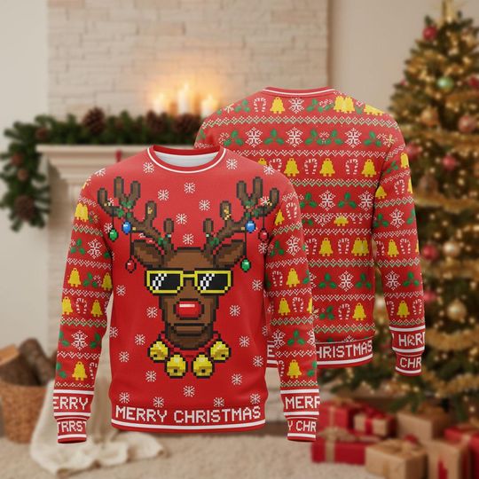 Ugly Christmas Reindeer Sweater, Pixel Rudolph Holiday Sweatshirt, Funny Xmas Deer Gift Shirt for Winter Parties