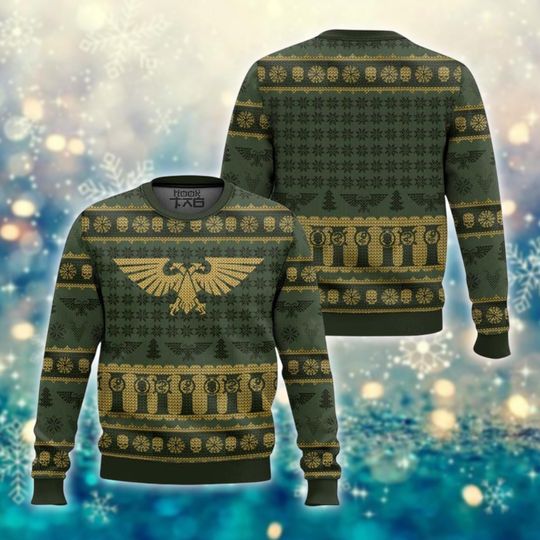 Golden Aquila Christmas Ugly Sweater, Imperial Eagle Holiday Jumper, Grimdark Gaming Gift, Merry Christmas Crewneck Sweatshirt