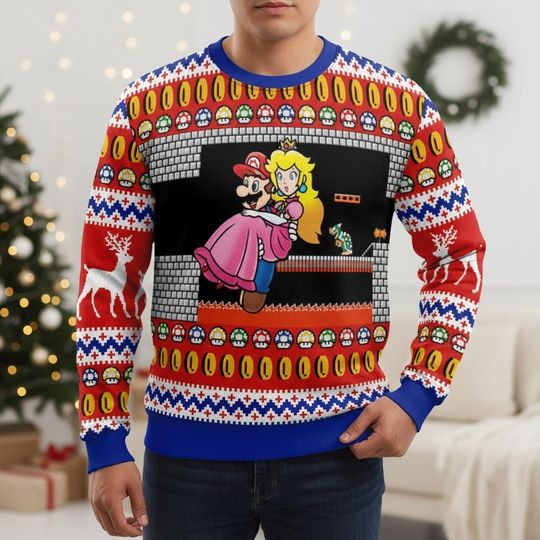Discover Magic Plumber Ugly Christmas Sweater, Princess Rescue Xmas Sweater, Castle Adventure Ugly Sweater, Gamer Holiday Sweater, Christmas Gif