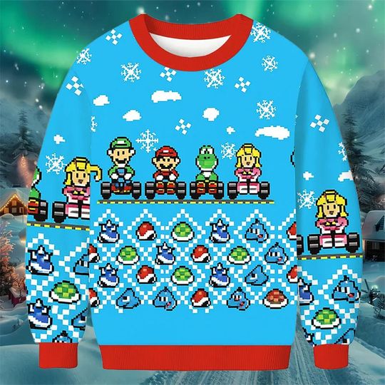 Discover Retro Pixel Racing Christmas Sweatshirt, Gamer Ugly Christmas Sweater, Blue 8-Bit Holiday Pullover Gift for Video Game Lovers 2025