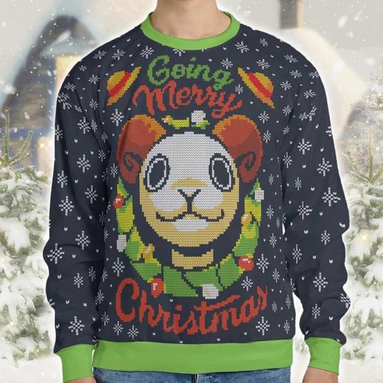 Discover Funny Goat Christmas Sweater, Going Merry Holiday Ugly Sweater, Navy Green Festive Knit Pullover, Cozy Winter Gift for Men Women