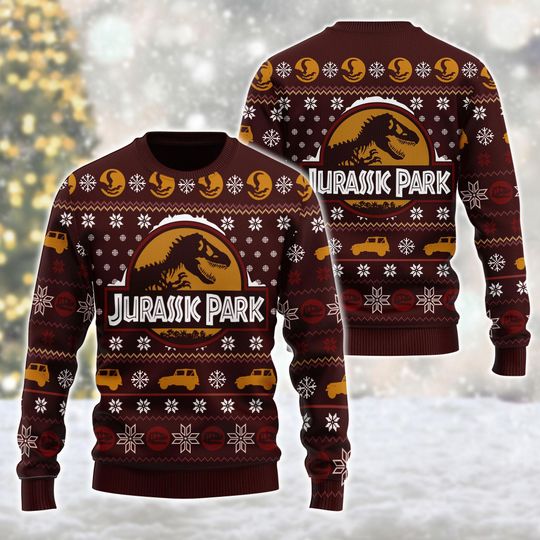 Jurassic Park Dinosaur Ugly Christmas Sweater, Funny Xmas Sweater for Movie Lovers, Retro Dino Happy Holiday Xmas Gift, Christmas Gift