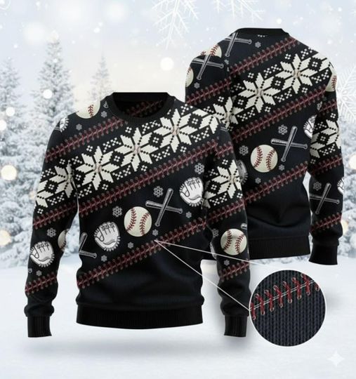 Discover Baseball Ugly Christmas Sweater, Funny Sports Lover Xmas Jumper, Baseball Fan Holiday Gift, Snowflake Pattern Shirt