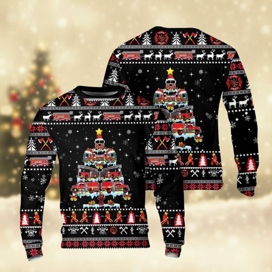 Discover Personalized Firefighter Christmas Sweater, Ugly Holiday Crewneck with Fire Truck Tree Design And Festive Pattern, Cozy Winter Material