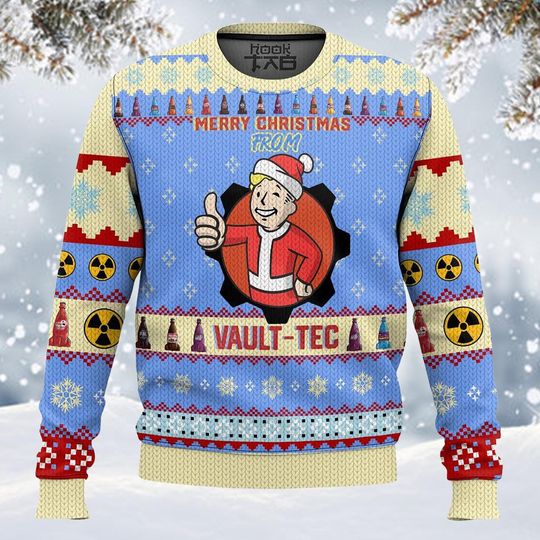 Discover Retro Vault Christmas Sweater, Blue and Cream Knit Holiday Sweatshirt, Funny Wasteland Theme Winter Jumper Gift for Gamers