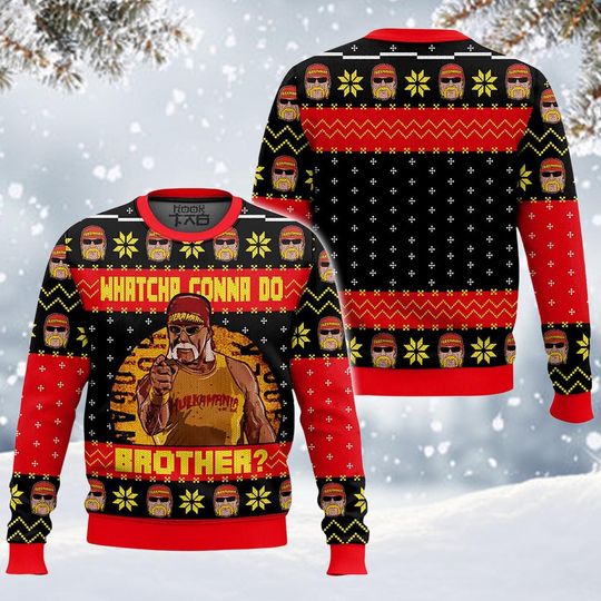 Funny Wrestler Christmas Sweater Retro Hulk Style Whatcha Gonna Do Brother? Festive Ugly Holiday Sweatshirt for Men