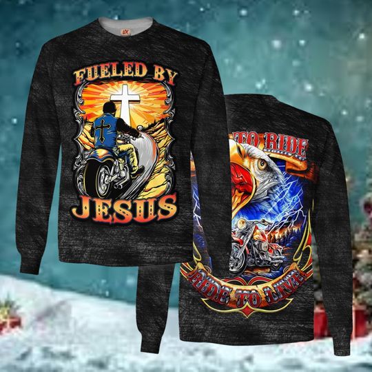 Biker Fueled By Jesus Ugly Christmas Sweater, Motorcycle Cross Yule Gift, Christian Rider Sweatshirt, Eagle Xmas Top
