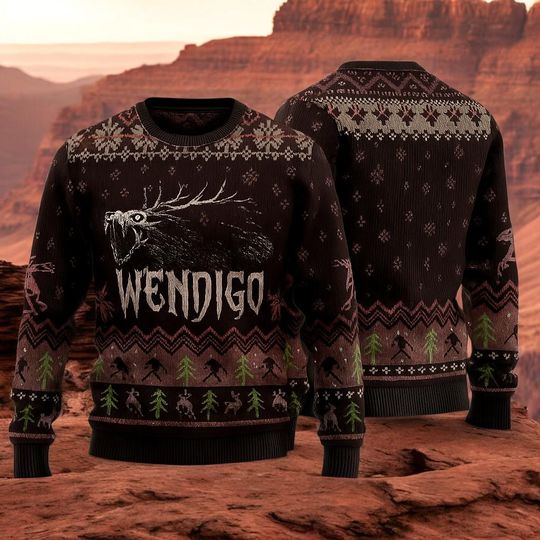 Discover Wendigo Ugly Xmas Sweater, Cryptid Horror Holiday Jumper, Mythical Deer Monster Pullover, Dark Folklore Gift for Fans