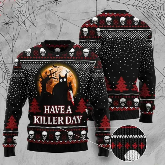 Silent Night Spooky Vibes and Mischievous Cat Energy Ugly Sweater