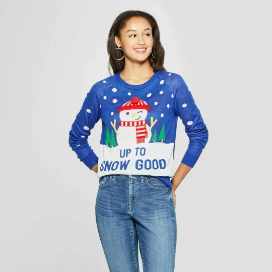 Discover Womens Juniors UGLY CHRISTMAS SWEATER Blue UP TO SNOW GOOD snowman S Small