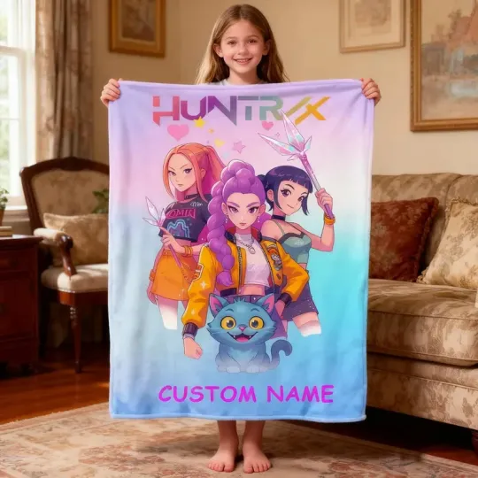 Discover Custom Kpop Demon Hunters Blanket With Name, Personalized Huntrix Fleece Blanket