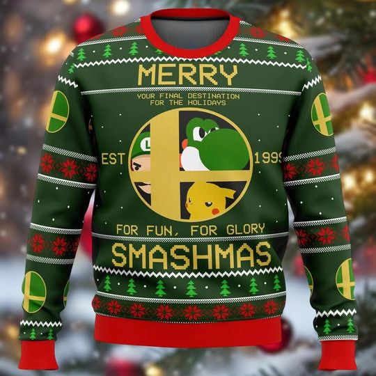 Merry Smashmas Yoshi Ugly Christmas Sweater, Super Mario Bros Xmas Sweater For Men Women, Video Game Holiday Sweatshirt, Fun Xmas Gifts