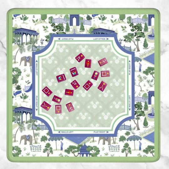 Discover Chinoiserie Mahjong Mat with Carry Bag, Large Portable Game Table Cover, Green & Blue Toile Design