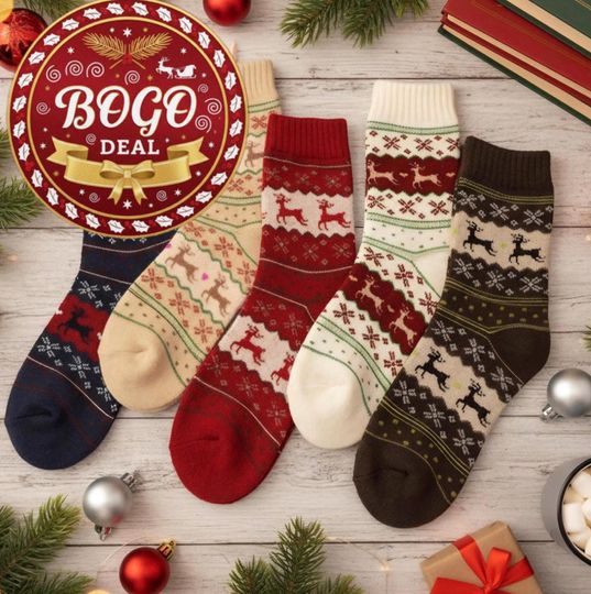 Discover Nordic Christmas Socks, Cozy Warm Women's Winter Holiday Socks, Reindeer Print, Scandinavian Knit Pattern Holiday Gift for Her