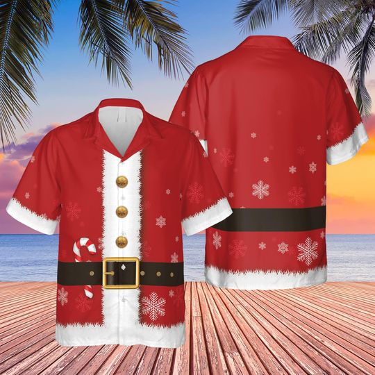 Santa Claus Suit Christmas Hawaiian Shirt, Red Santa Costume Button Up Shirt, Santa Beach Holiday Shirt, Tropical Aloha Christmas Shirt