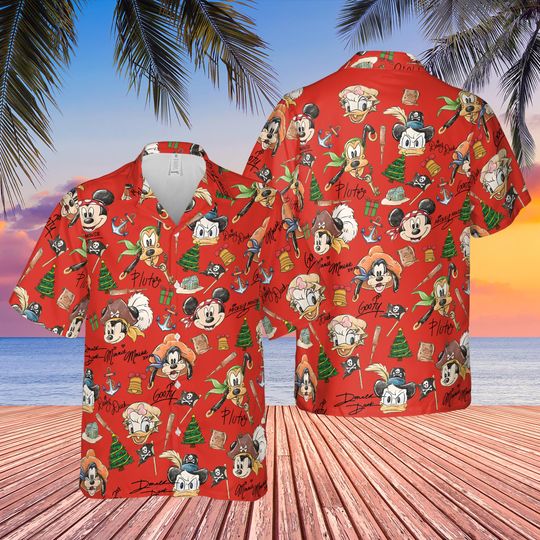 Discover Mickey & Friends Pirate Signature Red Hawaii Shirt, Disney Pirate Christmas Button Tee, Disney Pirates Life Shirt, Disney Cruise Xmas Gift