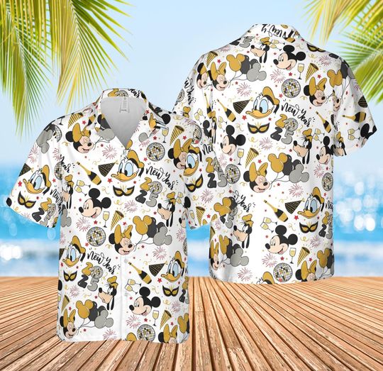 Discover Disney Mickey and Friends New Year Hawaiian Shirt, Mickeys Very Happy New Year Party Button Shirt, Mickey Candy NYE Holiday, New Year Eve
