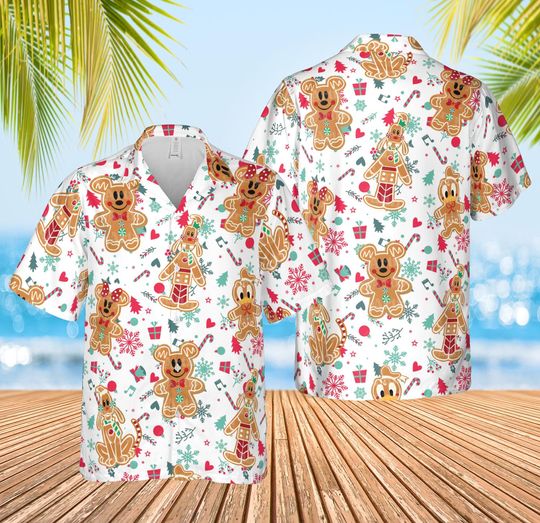 Discover Mickey and Friends Gingerbread Hawaii Shirt, Disney Christmas Shirt, Mickey's Very Merry Button Shirt Christmas Party Holiday Hawaiian Tee