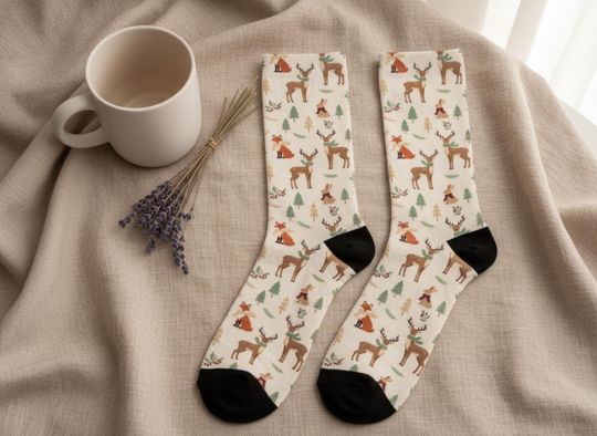 Discover Woodland Animal Christmas Socks | Cozy Socks | Holiday Socks | Fox Socks | Cute Ladies Socks | Unique Holiday Gift | Lightweight Crew Socks