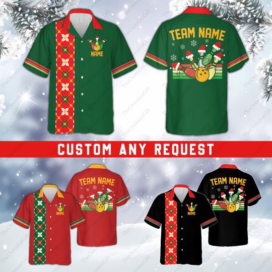 Discover Personalized Christmas Bowling Hawaiian Shirt, Custom Name Christmas Button Down Shirt, Retro Bowling Team Shirt, Christmas Bowling Squad