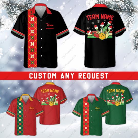 Discover Personalized Christmas Bowling Pocket Hawaiian Shirt, Custom Name Xmas Button Up Shirt, Retro Bowling Team Shirt, Christmas Bowling Squad