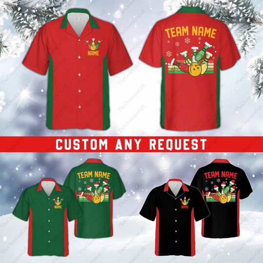 Discover Personalized Christmas Bowling Hawaiian Shirt, Custom Name Bowler Button Down Shirt, Bowling Team Shirt, Christmas Bowling Squad, Xmas Gift