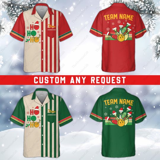 Personalized Ho Ho Ho Christmas Bowling Pocket Hawaiian Shirt, Custom Name Bowler Button Down Shirt, Christmas Bowling Team Shirt, Xmas Gift