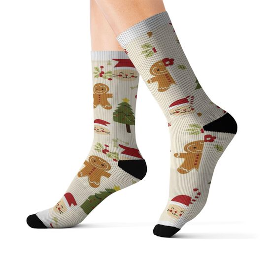 Discover Cute Christmas Cat Santa Tree Socks | Holiday Sublimation Socks