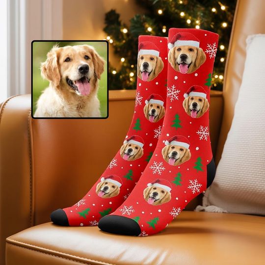 Discover Custom Dog Face Christmas Socks  Personalized Pet Photo Holiday Gift, Funny Santa Puppy Socks, Pet Lover Christmas Gift for Men & Women