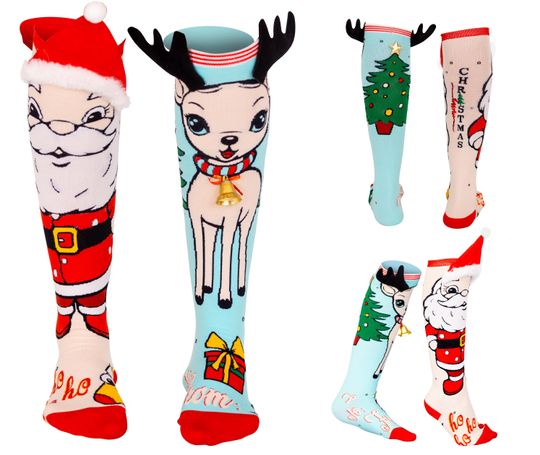 Discover Christmas Knee-High Socks for Women and Girls - Festive Santa and Reindeer with 3D Pom-Pom Hat, Antlers, and Bell - Holiday Novelty Socks AU