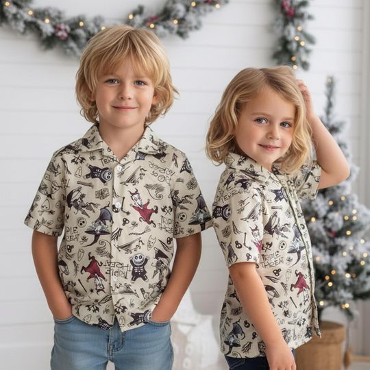 Discover Cute Lock Shock Barrel Spooky All Over Print Hawaii Shirt, The Nightmare Before Christmas Group Hawaiian Tee, Disney Spooky Holiday Outfit