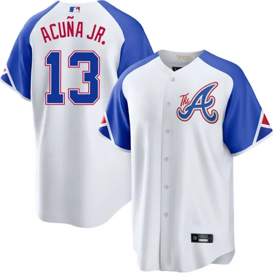 Discover Men's #13 Ronald Acuña Jr. White City Connect  Player Stitched Jersey